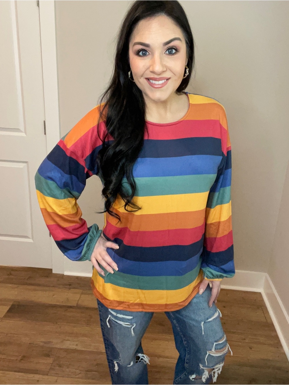 Plus Size XL XXL Women’s Rainbow Stripe Long Sleeve Top - Multi
